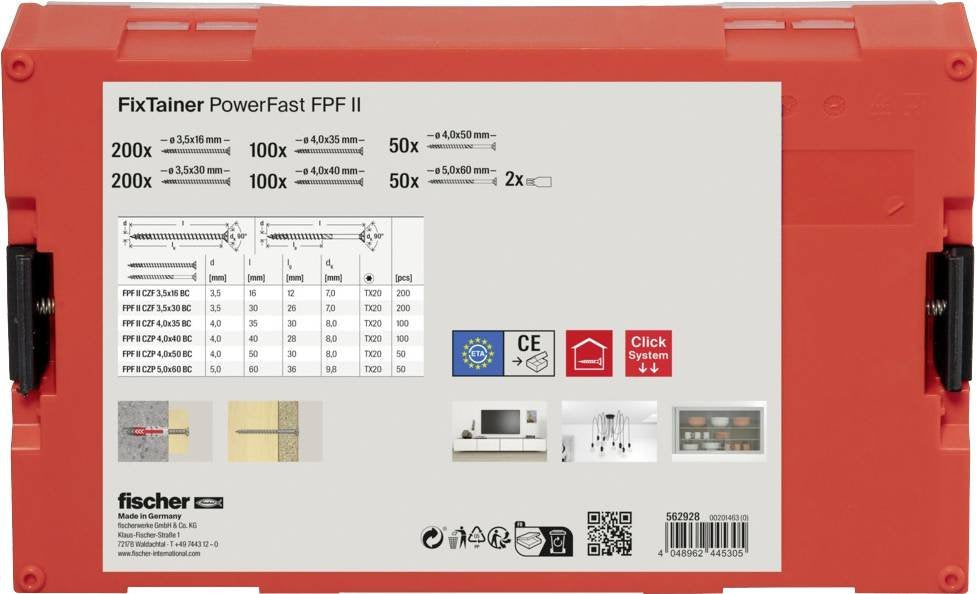 Fischer Fixtainer Powerfast Ii Cabeza Avellanada Tg/Vg Tx, Juego De Tornillos 702 Piezas, Rosca Parcial Y Total, Galvanizado 562928