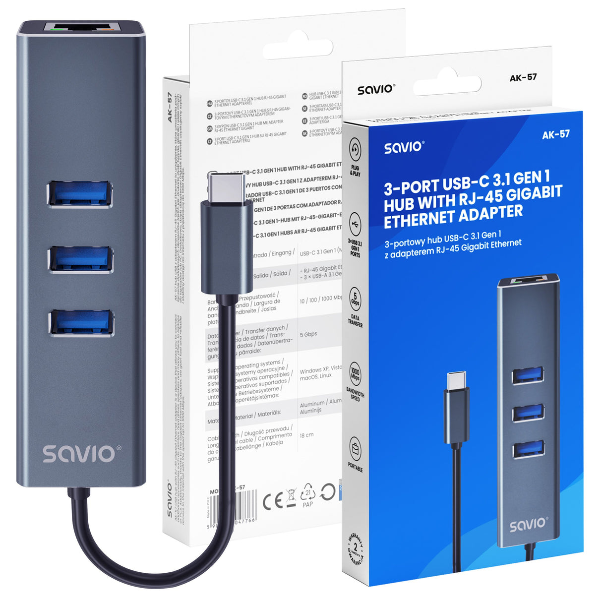 EAN 5901986047766 - Savio AK-57 USB-C - 3 x USB-A HUB with RJ-45 Gigabit Ethernet adapter 5000 Mbit/s grey 2 x USB 3.2 Gen 2 imagen 9