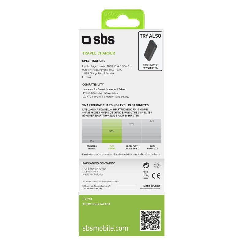 Cargador Pared Sbs 2x Usb 100/250v 1000 Mah Carga Rapida Negro