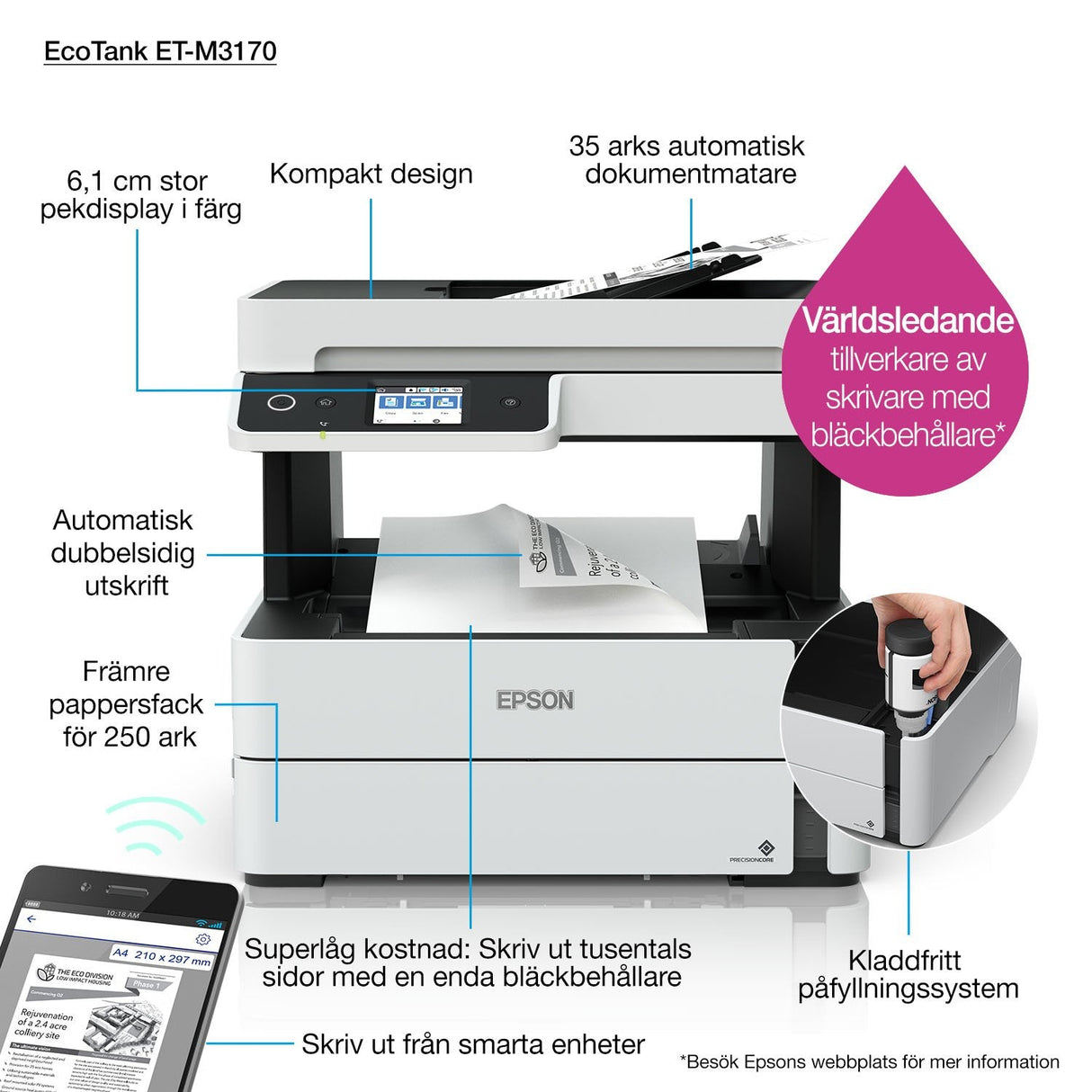 Impresora Epson Ecotank Mono M3170, 4 En 1, A4, 39 Ppm, Usb, Ethernet, Wi-Fi (Directo), Duplex, Adf