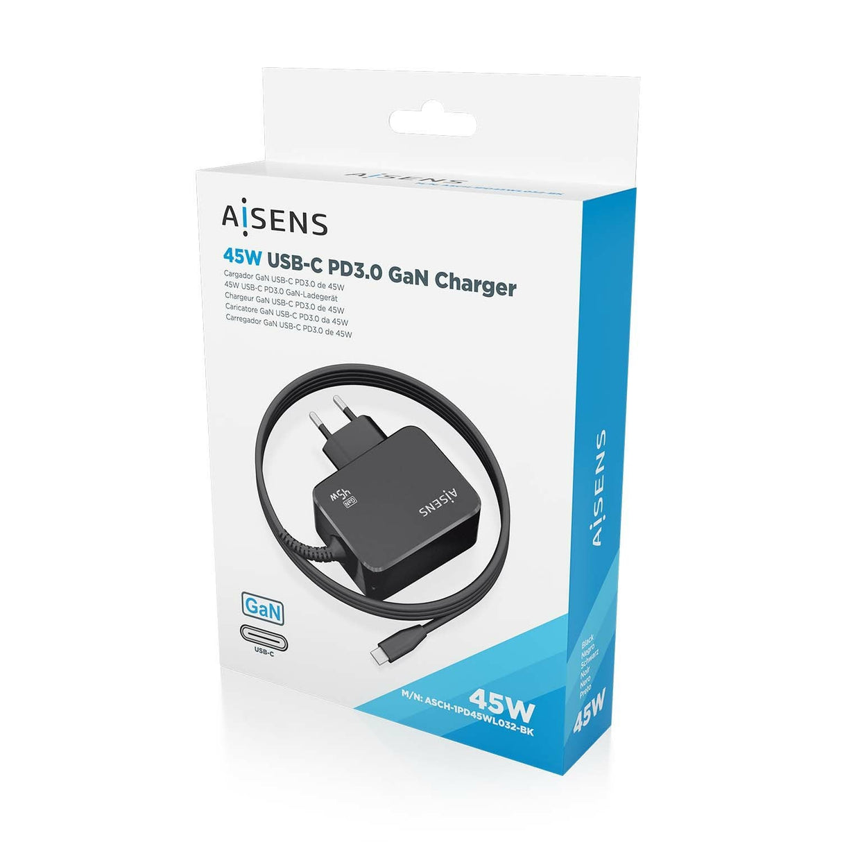 Aisens Cargador Gan 45w Pd3.0 1xusb-C 1.80m, Negro