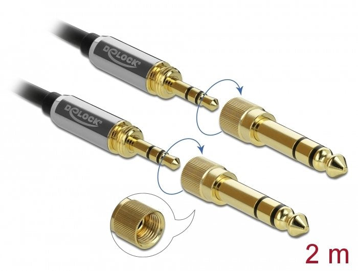 Cable De Jack Delock 3.5 Mm De 3pin Enchufe> 3.5 Mm 3pin Enchufe Negro, 2 Metros, Con Dos Adaptadores De Tornillo De 6.35 Mm 85786