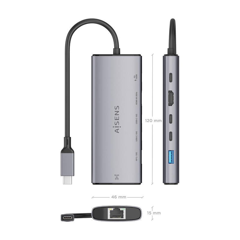 Aisens Usb-C Dock 6 En 1, Usb-C A 1xhdmi, 1xrj45, 1xusb-A 10g, 2xusb-C 10g, 1xusb-C Pd, Gris, 20cm