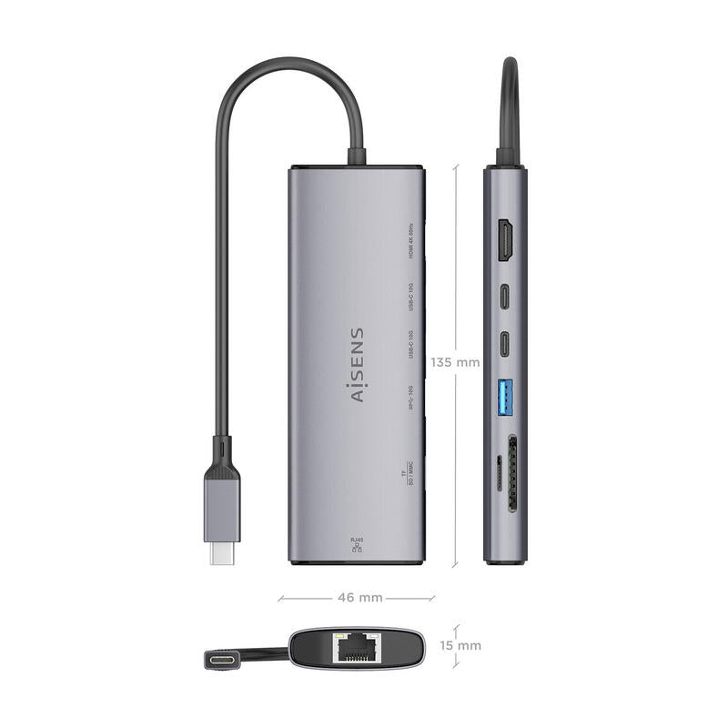 Aisens Usb-C Dock 7 En 1, Usb-C A 1xhdmi, 1xrj45, 1xusb-A 10g, 2xusb-C 10g, 1xsd, 1xmicro Sd, Gris, 20cm