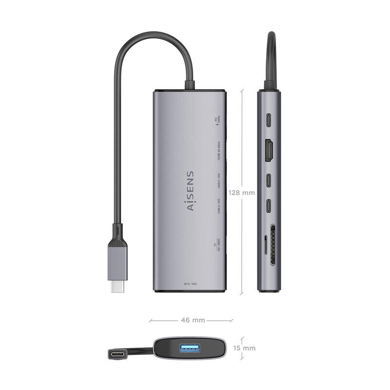 Aisens Usb-C Dock 7 En 1, Usb-C A 1xhdmi, 1xusb-A 10g, 2xusb-C 10g, 1xsd, 1xmicro Sd, 1xusb-C Pd 100w, Gris, 20cm