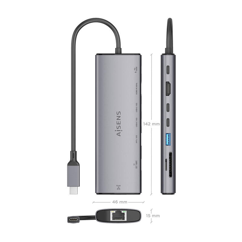 Aisens Usb-C Dock 8 En 1, Usb-C A 1xhdmi, 1xrj45, 1xusb-A 10g, 2xusb-C 10g, 1xsd, 1xmicro Sd, 1xusb-C Pd 100w, Gris, 20cm