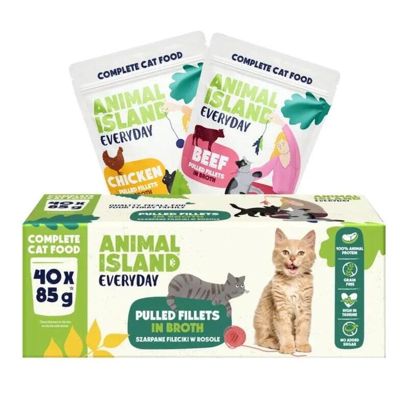 40 Sobres X 85g Animal Island Everyday Beef And Chicken Fillets In Broth - Wet Cat Food - 40 X 85g