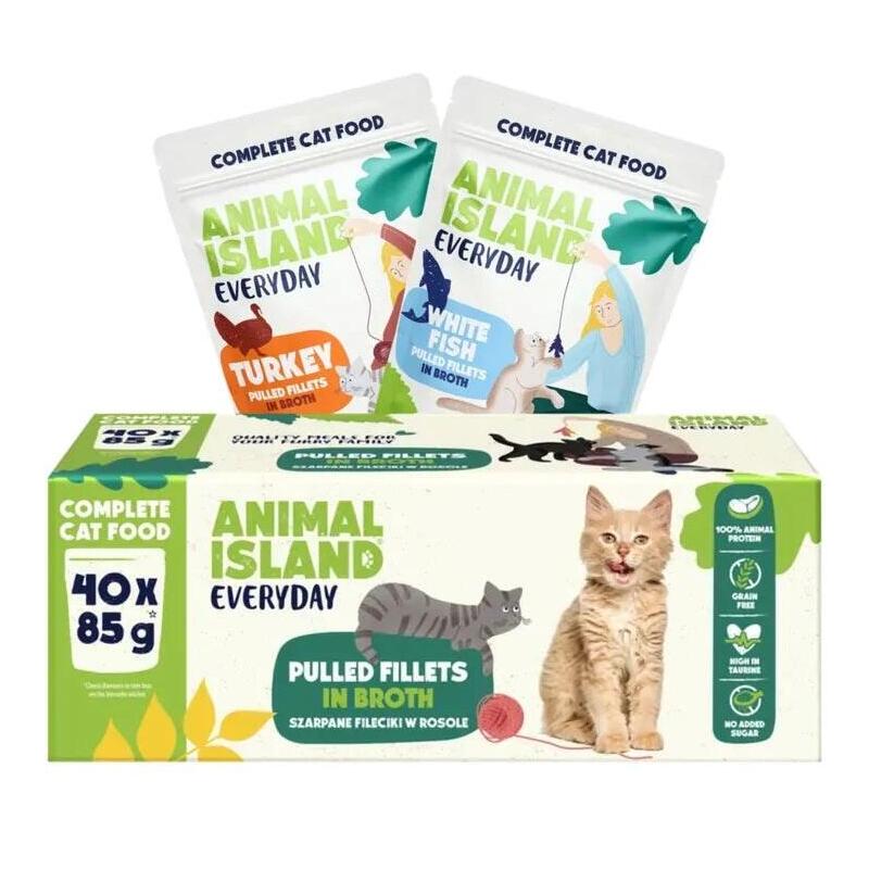 40 Sobres X 85g Animal Island Everyday Turkey And White Fish Fillets In Broth - Wet Cat Food - 40 X 85g