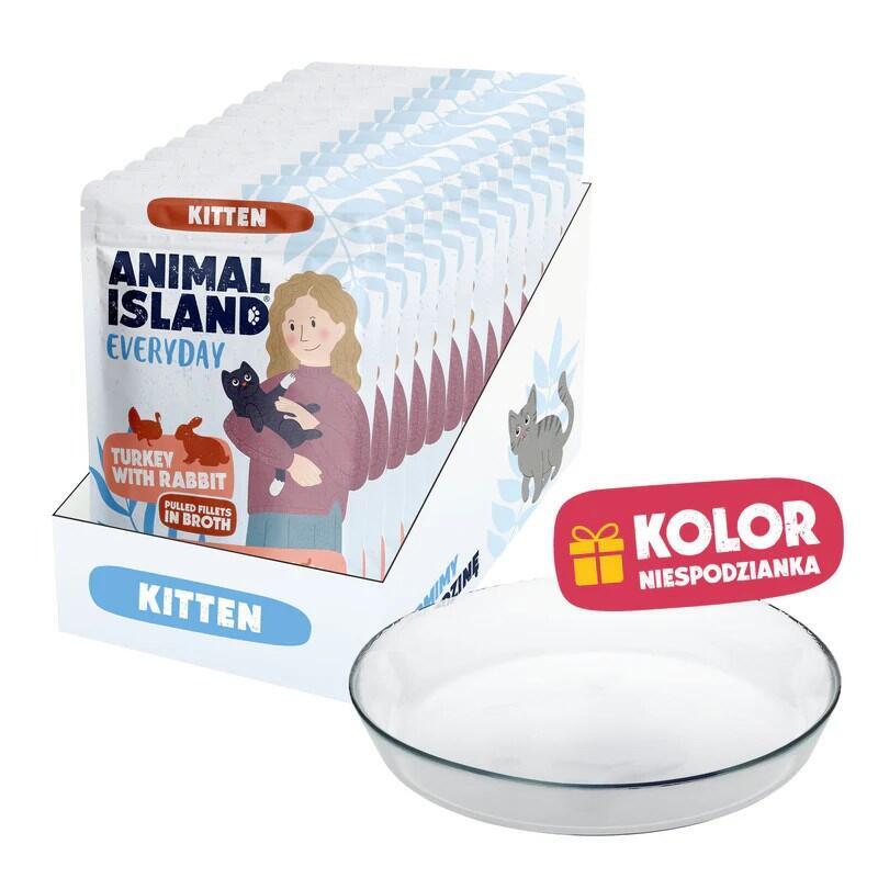 Animal Island Pack Con Platito De Cristal Alimento Húmedo Completo Para Gatitos Filetes De Pavo Con Conejo En Caldo Aceite De Pescado Inulina Sobres, 12 X 85g Color Del Platito Aleatorio