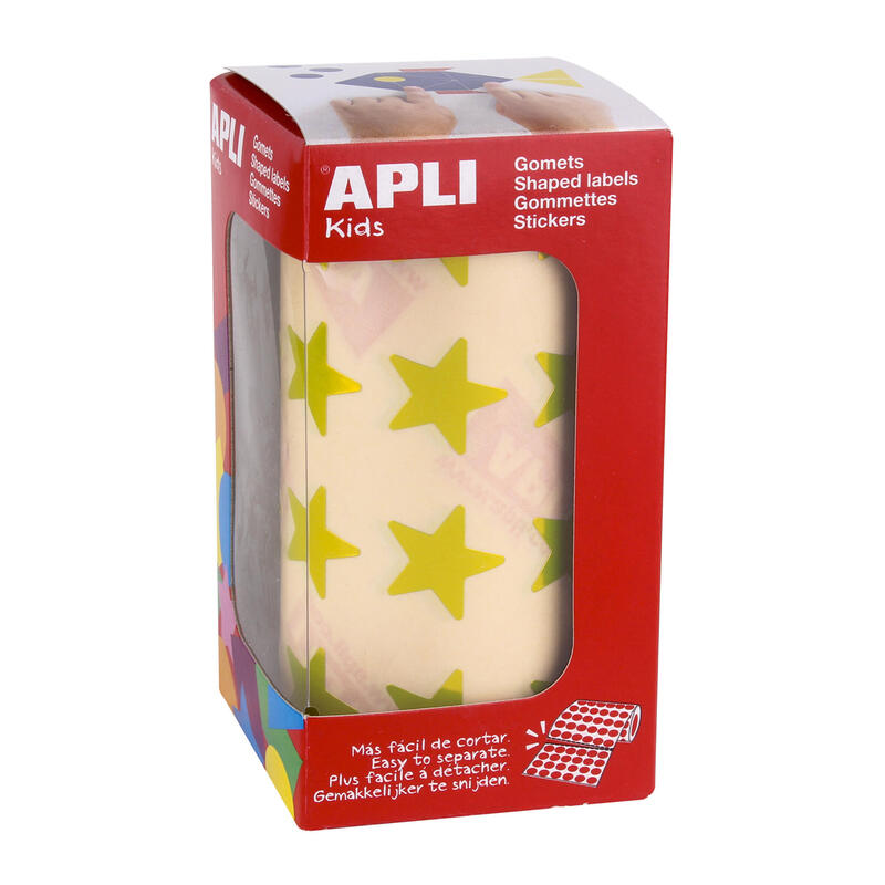 Apli Gomets Estrella Amarillo Metalizado - Tamaño 19.5mm - 1416 Gomets Por Rollo - Adhesivo Base Agua - Normas En-71 Y Fsc