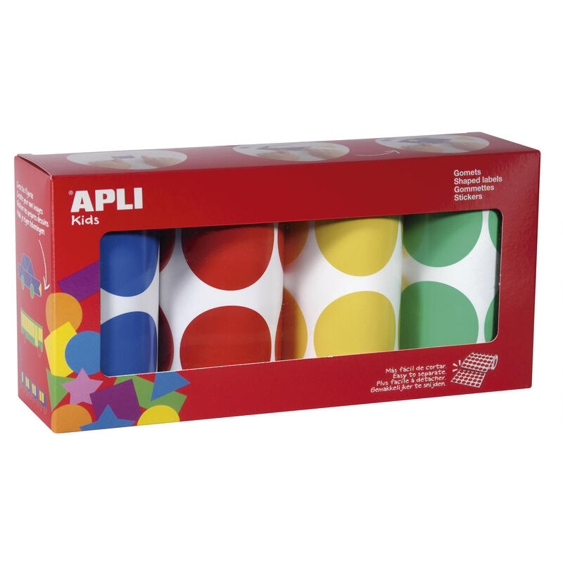 Apli Gomets Redondos Ø 45mm - Pack De 4 Rollos Surtidos - 1416 Gomets Por Pack - Adhesivo Permanente - Hojas Pretroqueladas - Ideal Para Guarderias - Desarrolla Psicomotricidad Fina - Cumple Normas En-71 Y Fsc - Adhesivo Base Agua - Papeles