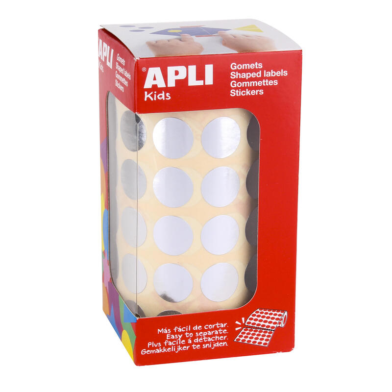Apli Gomets Redondos Plata Metalizado Ø 15mm - 59 Hojas Pretroqueladas - 2832 Gomets Por Rollo - Desarrolla Psicomotricidad Fina