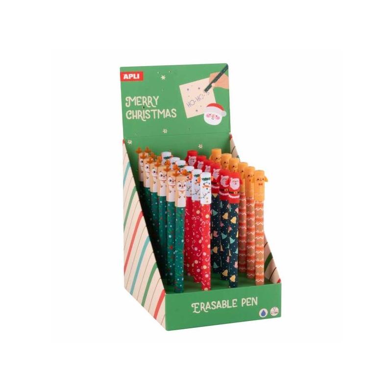 Apli Navidad Expositor Con 24 Boligrafos De Tinta Gel Borrables - Trazo 0.7mm - 4 Divertidos Diseños Navideños - Tinta