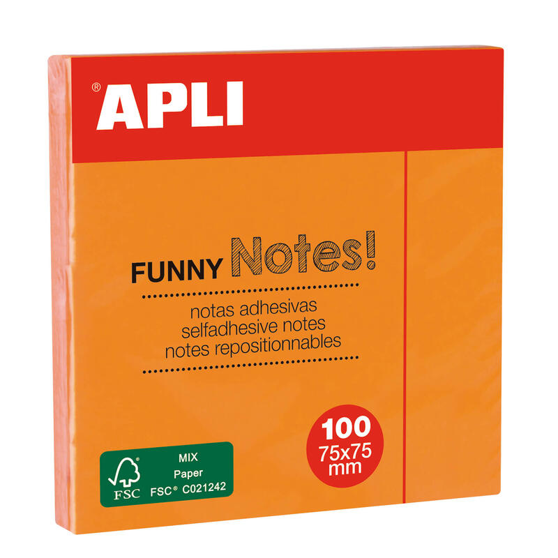 Apli Notas Adhesivas Funny 75x75mm - Bloc De 100 Hojas - Adhesivo De Calidad - Color Naranja Fluorescente