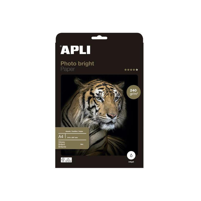 Apli Papel Fotográfico Profesional Brillante Inkjet 240 Gr. Tamaño A4 - 60 Hojas -