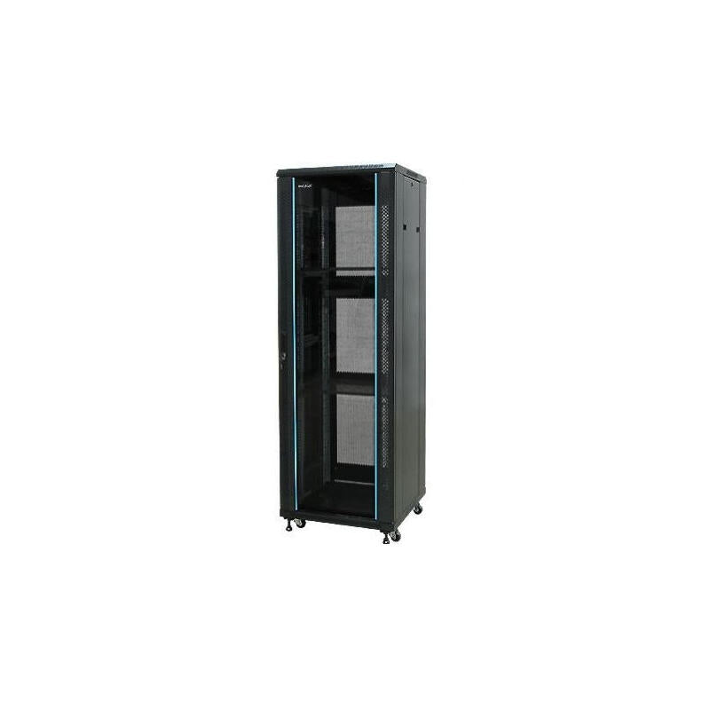 Armario Rack Suelo 19" Phasak-Pro 42u 600x600 Negro, 2 Bandejas Fijas+Ventilación X4-12" + Regleta X6