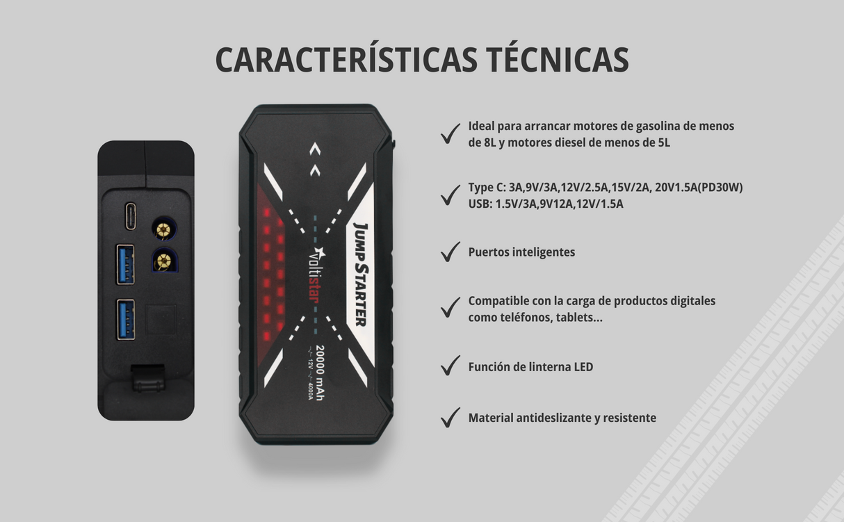 Arrancador De Coche 20000Mah Inteligente Hasta 8L Gasolina Y 5L Diesel