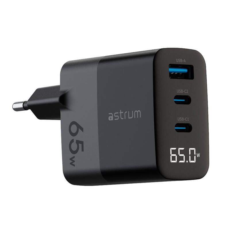 Astrum Watz 65g Negro Adaptador De Corriente Con Pantalla Led Integrada 65w 1 Puerto Usb-A Y 2 Puertos Usb-C