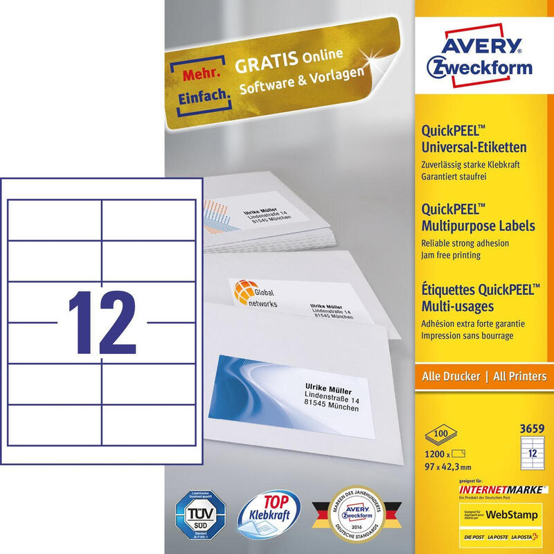 Avery 3659 Etiqueta Autoadhesiva Rectángulo Permanente Blanco 1200 Pieza(S)