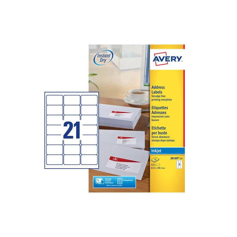 Paquete 25 Hojas Etiquetas Blancas Quick Dry-Impresoras De Inyección De Tinta-63,5x38,1 Mm Avery J8160-25