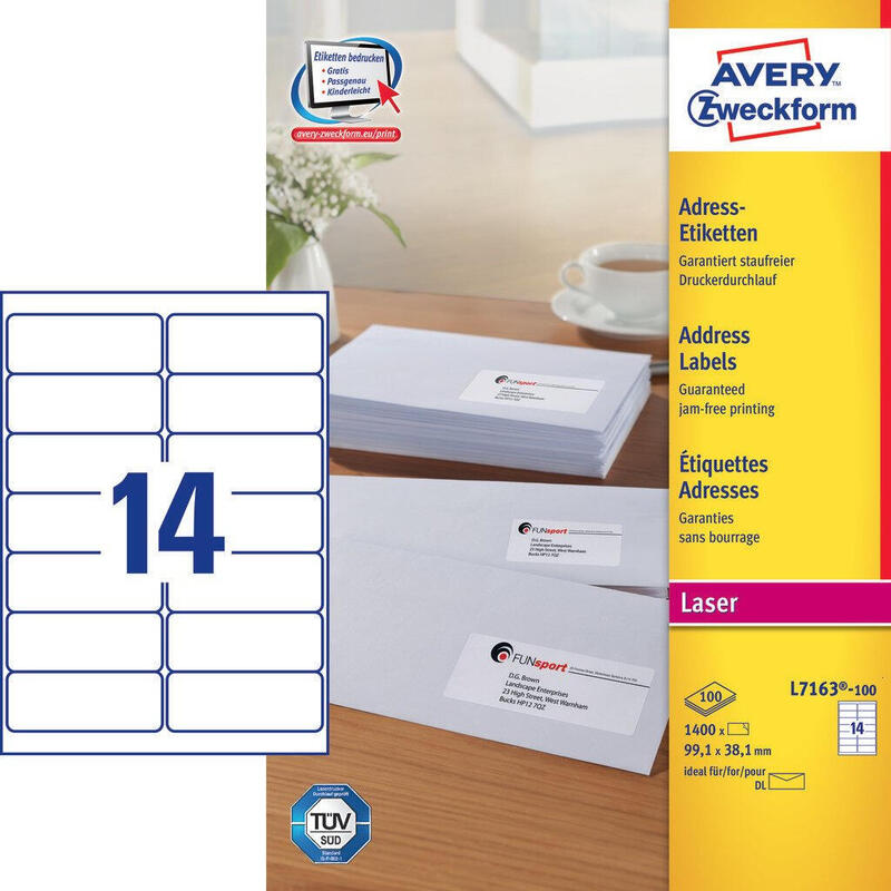 Avery L7163-100 Etiqueta Autoadhesiva Rectángulo Redondeado Permanente Blanco 1400 Pieza(S)