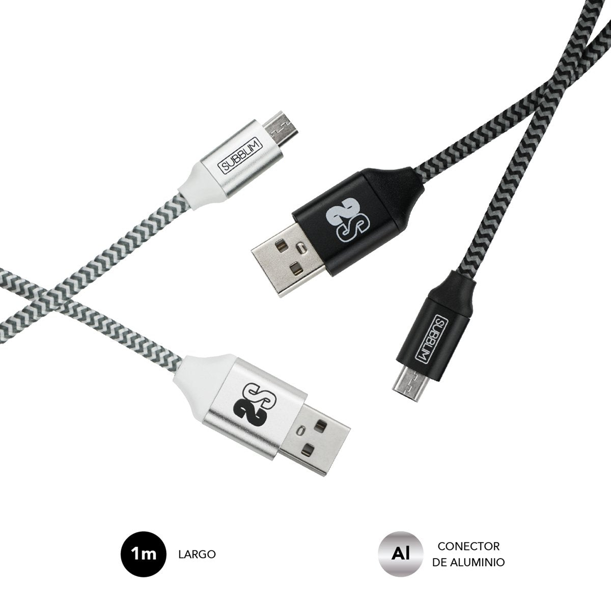 Cable Usb 2.0 Subblim Sub-Cab-1mu001 Pack 2/ Microusb Macho Usb Macho/ 1m/ Negro/Plata