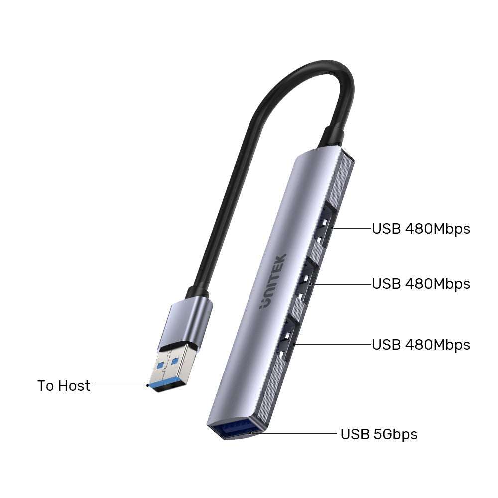 Unitek Hub Usb-A 1xusb-A 5 Gbps, 3xusb-A 2.0 Alu