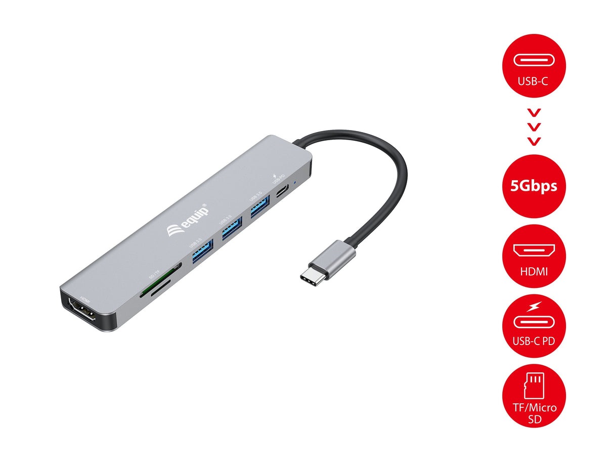 Equip Dock Usb-C->Hdmi, 3x Usb3.0, 100w Pd, Sd Tf Negro