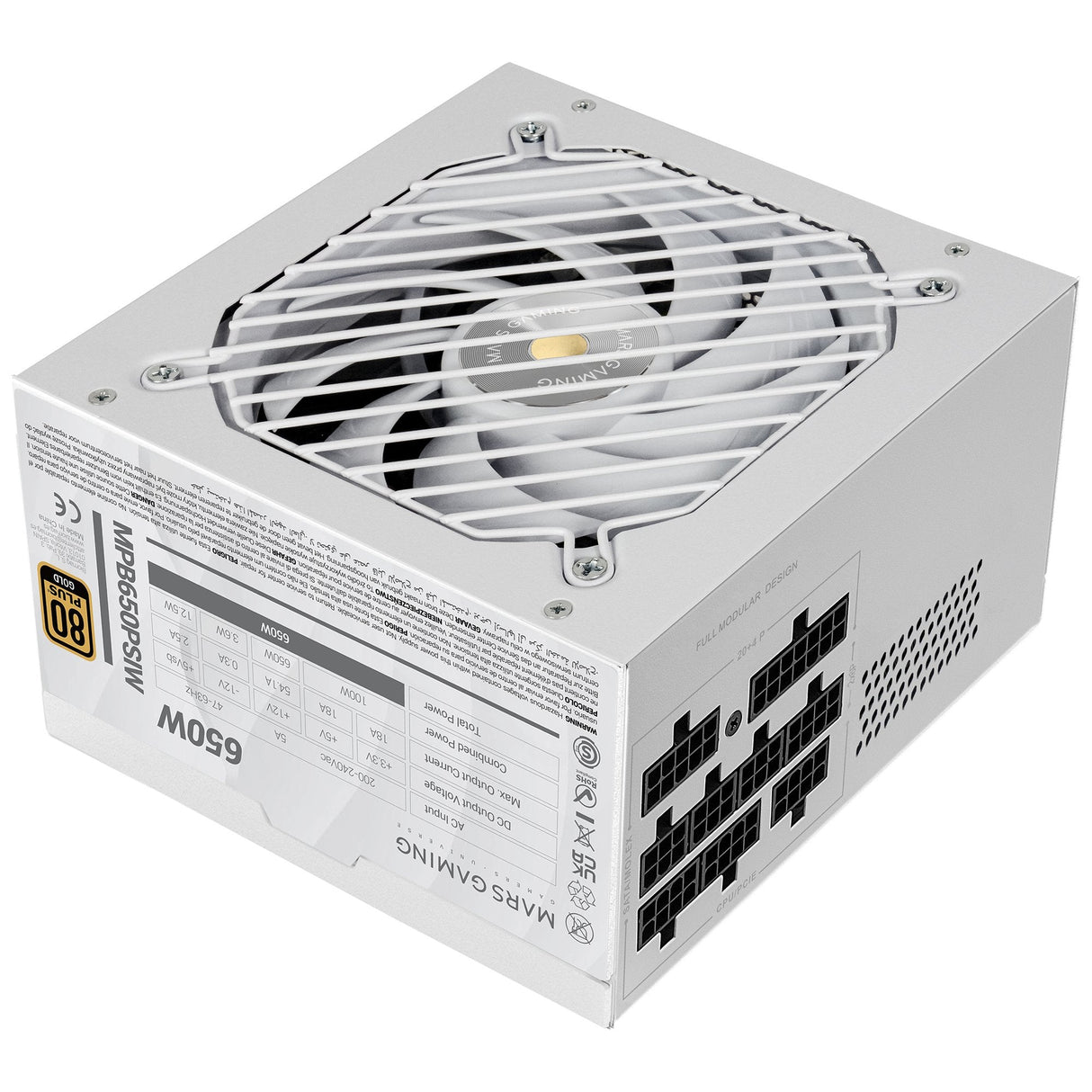 Fuente Modular Mars Gaming 650w Mpb650psi Atx3.1 80+Gold Pfc Activo Pcie5.1 12v-2x6 Dc-Dc Smd Blanco