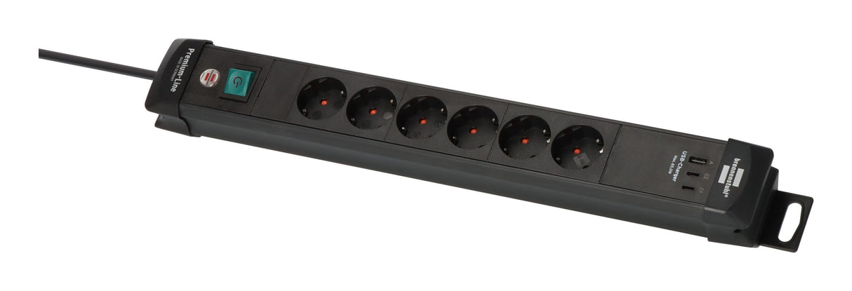 Regleta Brennenstuhl Premium-Line De Enchufes De 6 Vías Con 2x Usb C Pd 65w Y Usb A 18w (Made In Germany, Regleta Con Interruptor Y Cable De 3m, Para Montaje En Pared) Negro