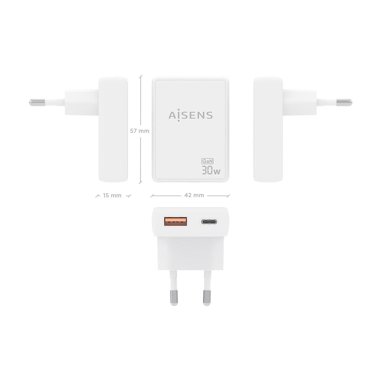 Aisens Cargador De Pared Gan Ultra Delgado 30w, 1xusb-C Pd3.0 Qc4.0, 1xusb-A Qc3.0, Blanco