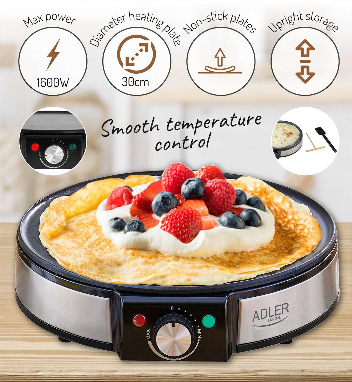 Adler Ad 3058 Crepe Maker, 1600 W, 30 Cm, Stainless Steel Black