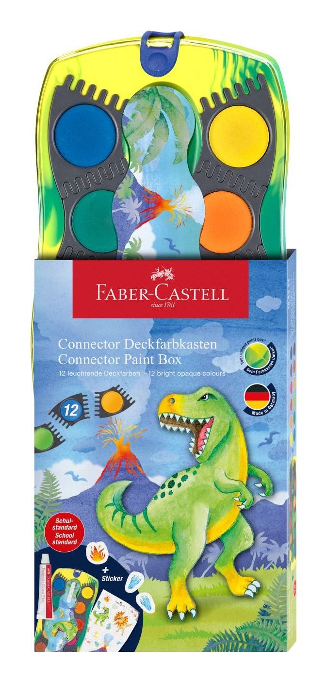 Faber-Castell Connector Dinosaurio Pack De 12 Acuarelas En Pastilla + Pintura Blanca Opaca + Pegatinas - Gran Opacidad