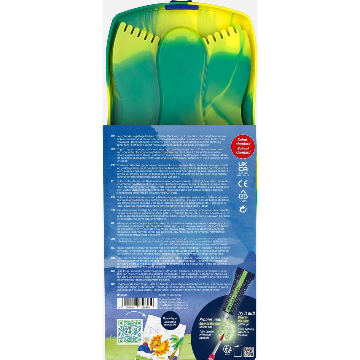 Faber-Castell Connector Dinosaurio Pack De 12 Acuarelas En Pastilla + Pintura Blanca Opaca + Pegatinas - Gran Opacidad