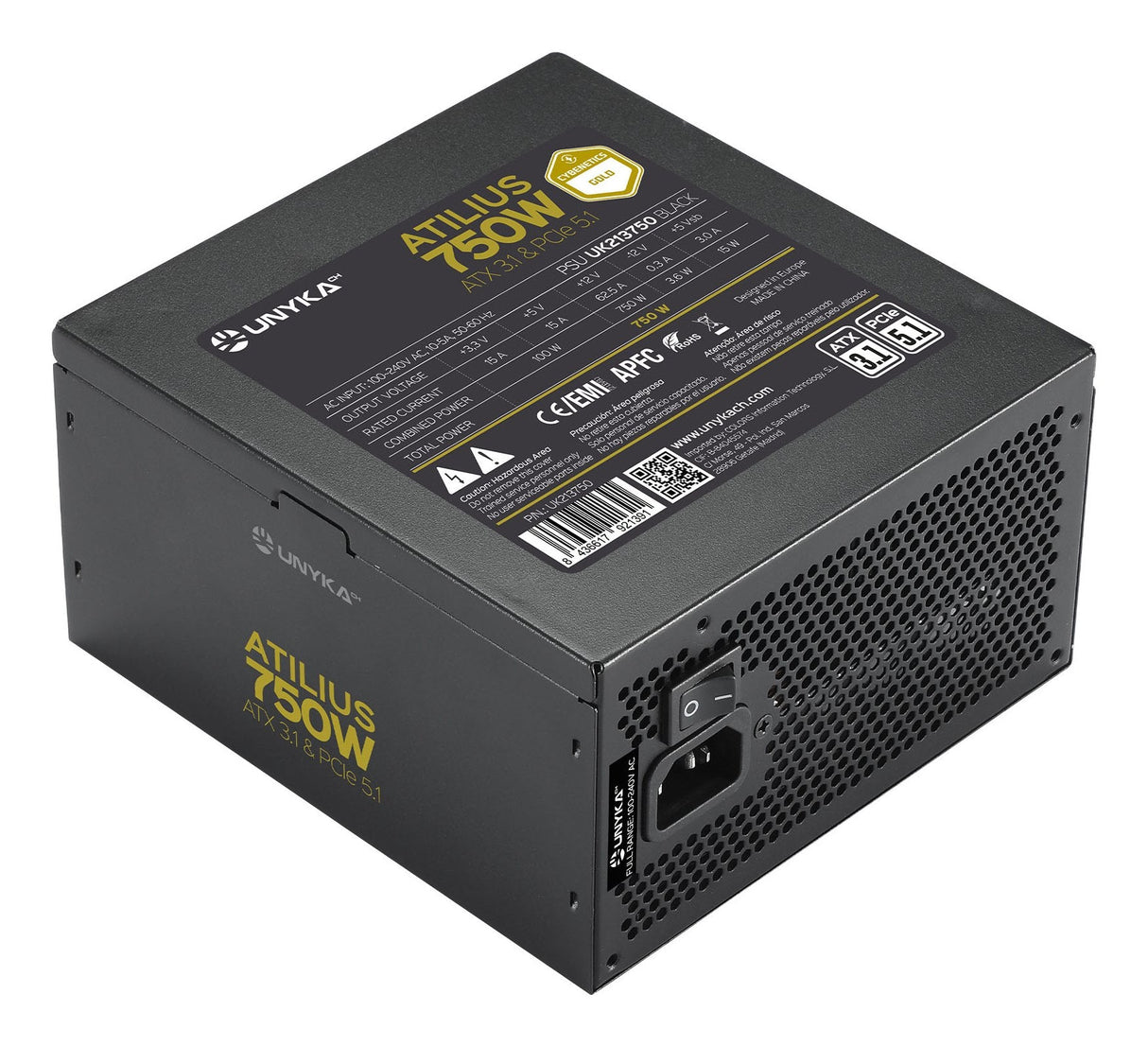 Fuente De Alimentacion Unykach Atilius 3.1 Black 750w 80 Plus Gold 750w Atx 3.1 - Full Modular - Ventilador 120mm