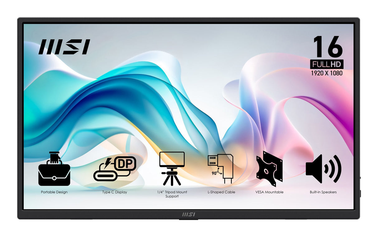 Msi Pro Mp165de E6, Monitor Led 39,6 Cm (15,6 Pulgadas), Negro, Fullhd, Ips, Hdmi, Usb-C, Altavoces 9s6-3pe50m-002