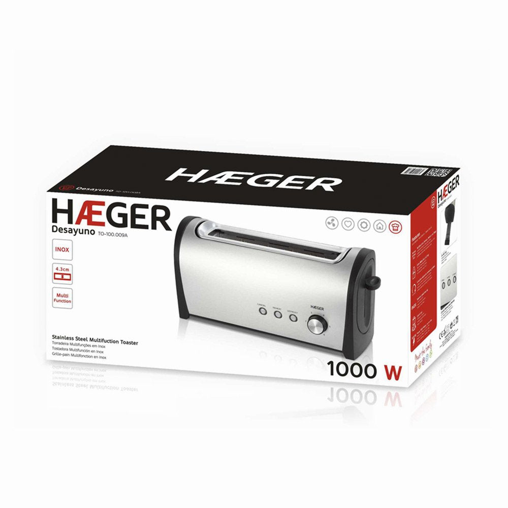 Tostador De Pan Haeger Desayuno 1000w 1 Ranura Larga 6 Posiciones Tostado Func. Recalentado/ Descongelado Exterior Acero Inox