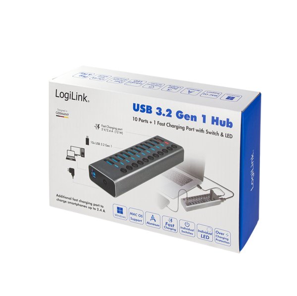 Hub Logilink Usb 3.2 10+1 Port Aluminum Grey Switch For Each Port, On/Off