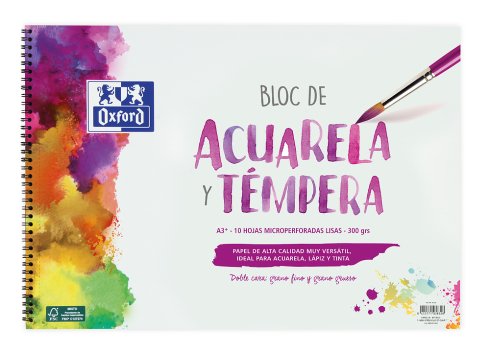 Oxford Bloc Pintura Acuarela Y Témpera 10h 300gr Espiral A3+ Liso Blanco