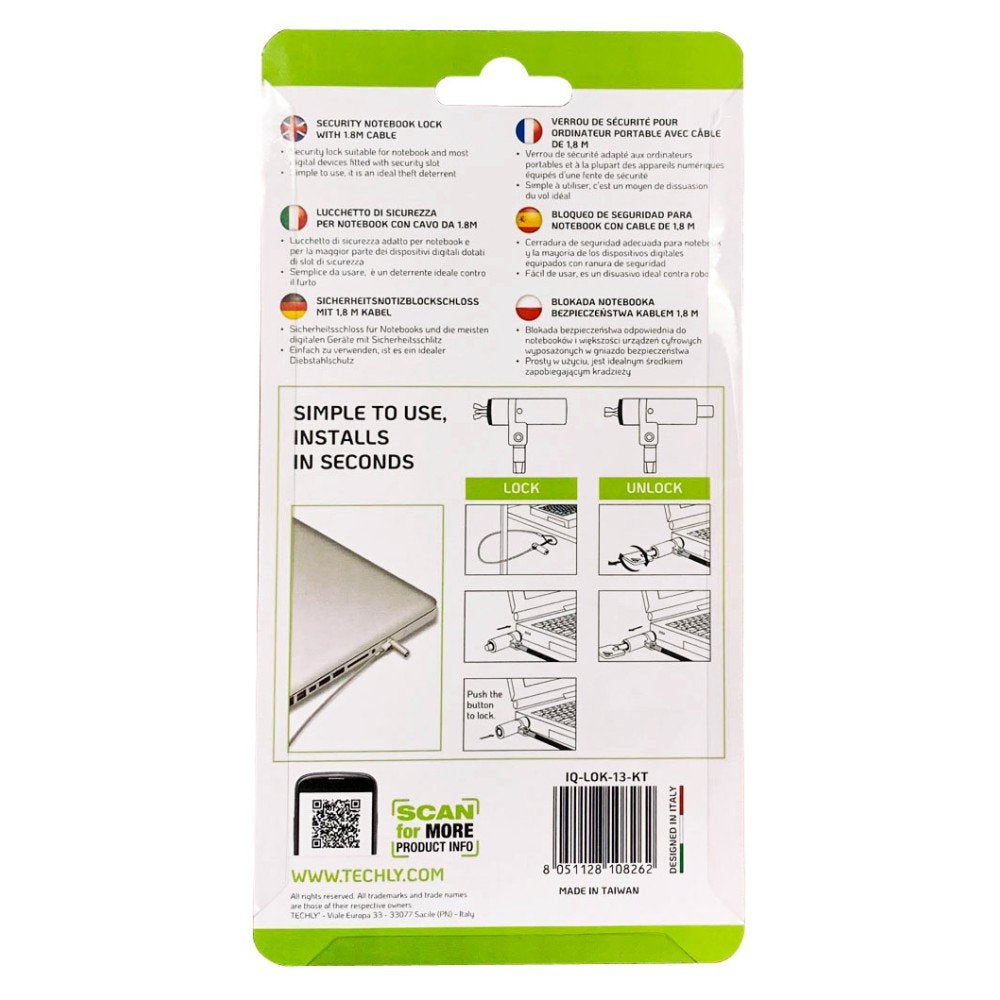 Techly Iq-Lok-13-Kt Cable De Seguridad Para Laptop Wedge-Lock Con Llave 1.8m