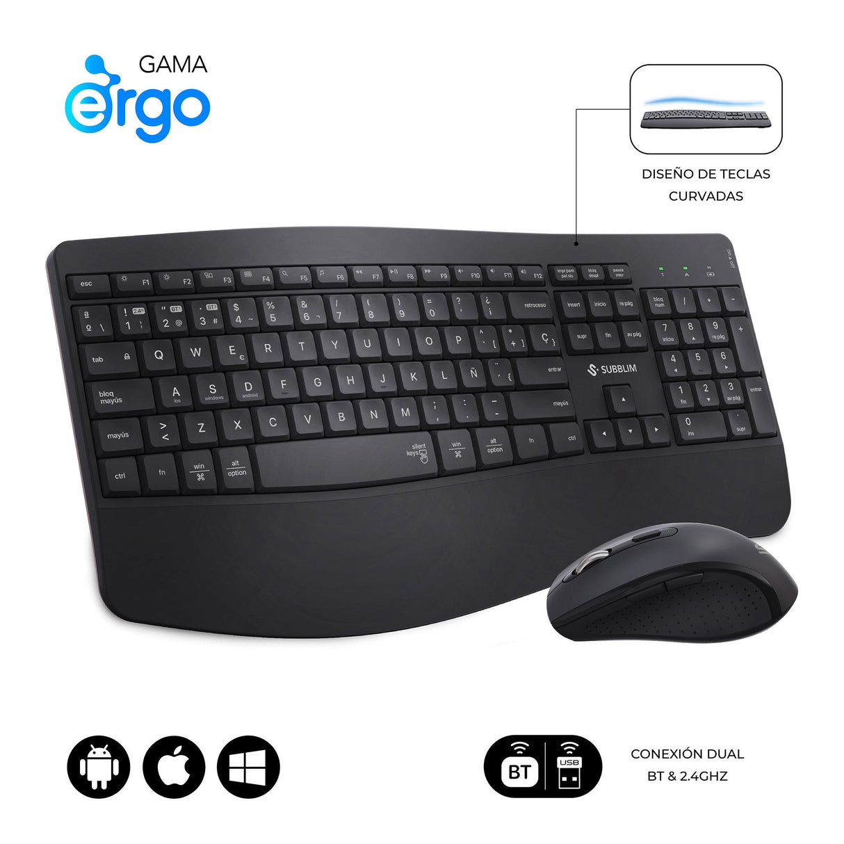 Combo Teclado Raton Subblim Prowave Inalamb Ergo Negro