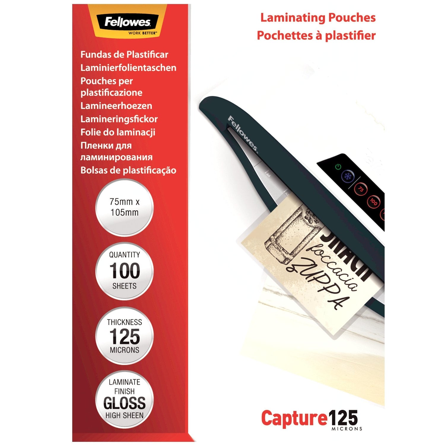 Fellowes Pack De 100 Fundas Para Plastificar Brillo Para Tarjetas 75 X 105mm - 125 Micras - Alta Calidad - Transparente
