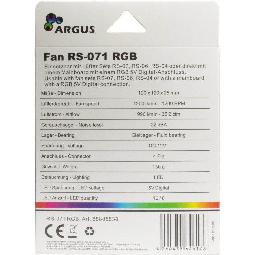 Ventilador Inter-Tech 120 * 120 * 25 Argus Rs-071 Rgb, Kristall-Effek Retail