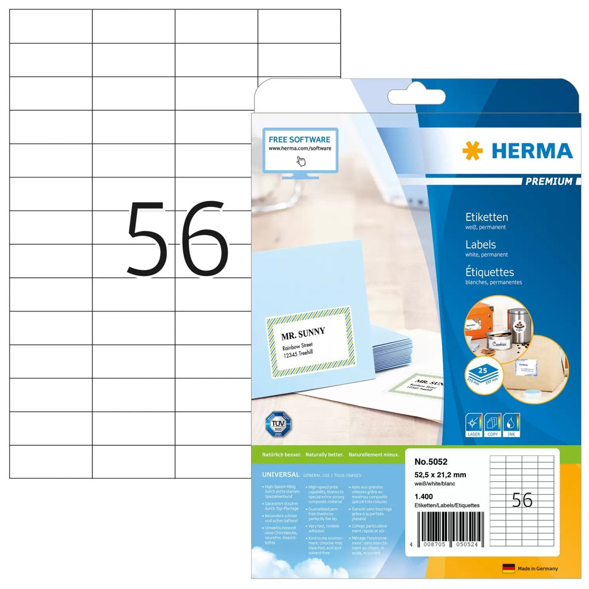 EAN 4008705050524 - HERMA 5052 etiqueta autoadhesiva Rectángulo Permanente Blanco 1400 pieza(s) imagen 1