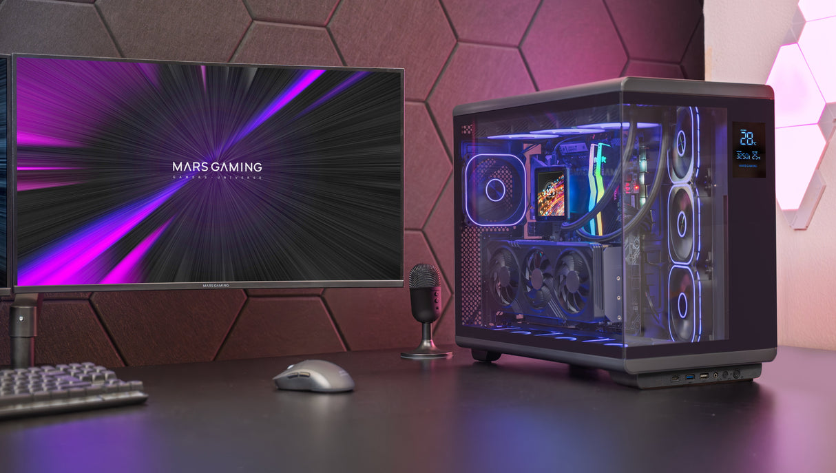 Caja Pc Atx Mars Gaming Mc-Revpro Pantalla Lcd 4.3" Cristal Templado 4x Ventiladores Argb Black