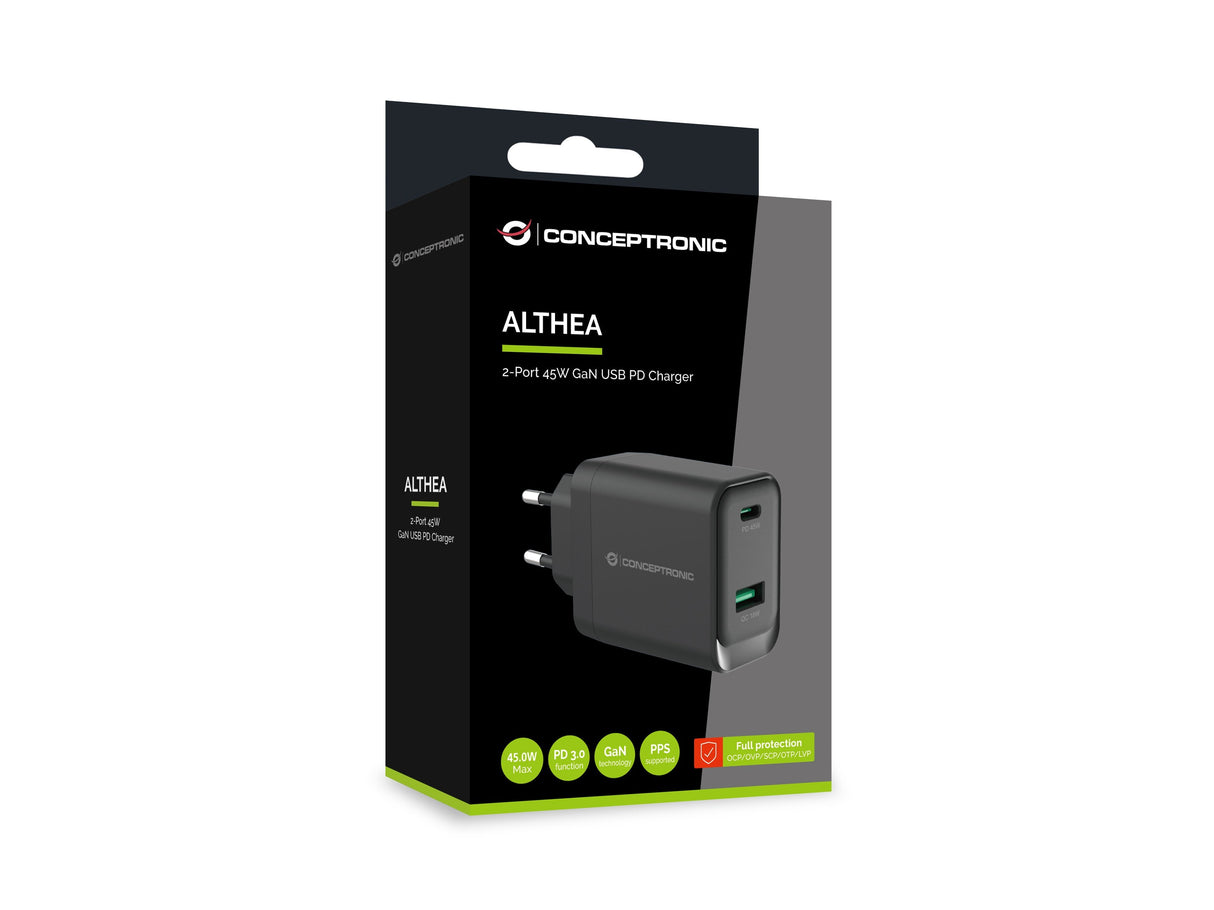 Cargador Conceptronic 2port Gan Usb-C -A 45wpd3.0 Pps Sw