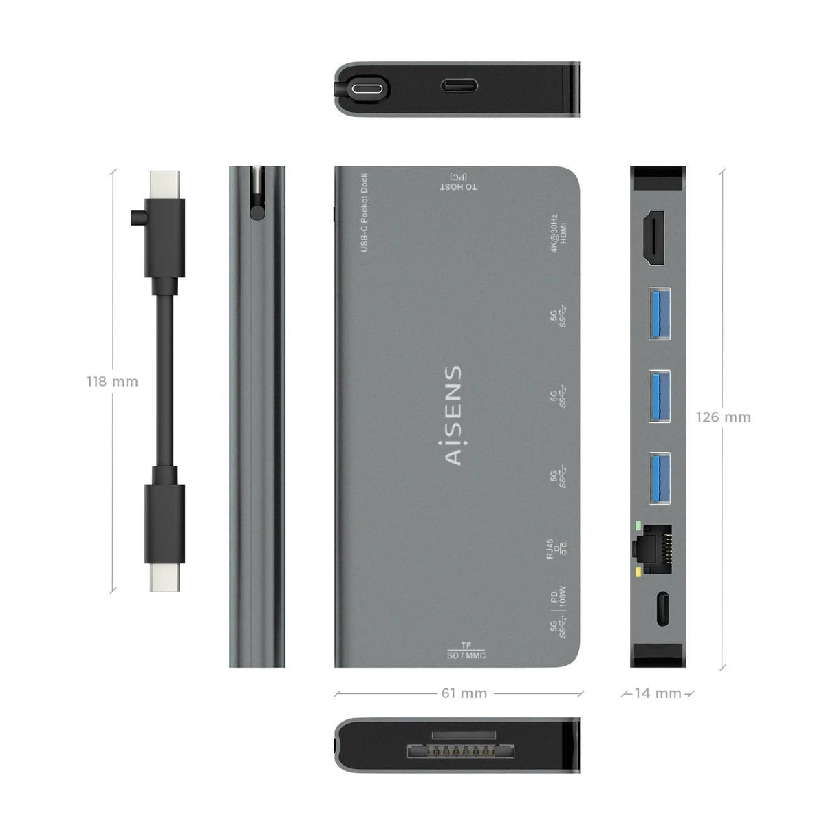 Aisens Usb-C Dock 8 En 1 - Usb-C A 1xhdmi - 1xrj45 - 3xusb-A - 1xusb-C Datos+Pd - 1xsd - 1xmicro Sd - 10cm - Gris