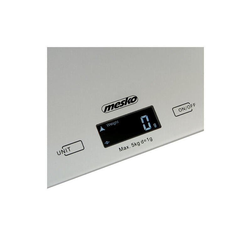 Báscula De Cocina Mesko Ms 3145, Capacidad 5 Kg, Pantalla Lcd Grande, Cero Autoapagado, Silvera