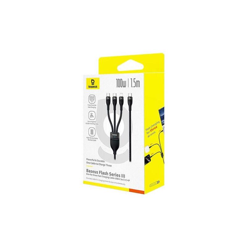 Baseus Cable Flash Series 3-In-1 Fast Charging Data Cable (Type-C To Lightning + Type-C + Type-C), 100w, 1.5m Black (P10377502111-00)