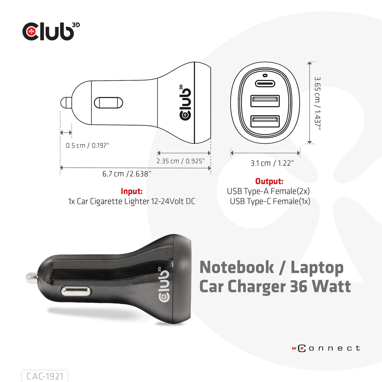 Cargador De Coche Usb Club3d 1xusb C, 2xusb A, 36w, 12 24v